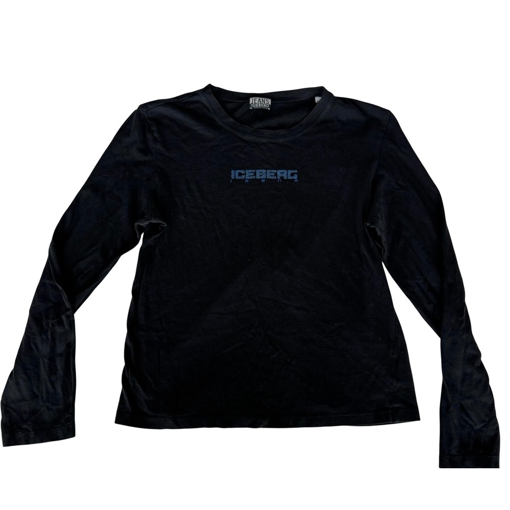 Vintage Iceberg Jeans Mens‎ Med Long Sleeve Logo T-Shirt Black Made in Italy 48
